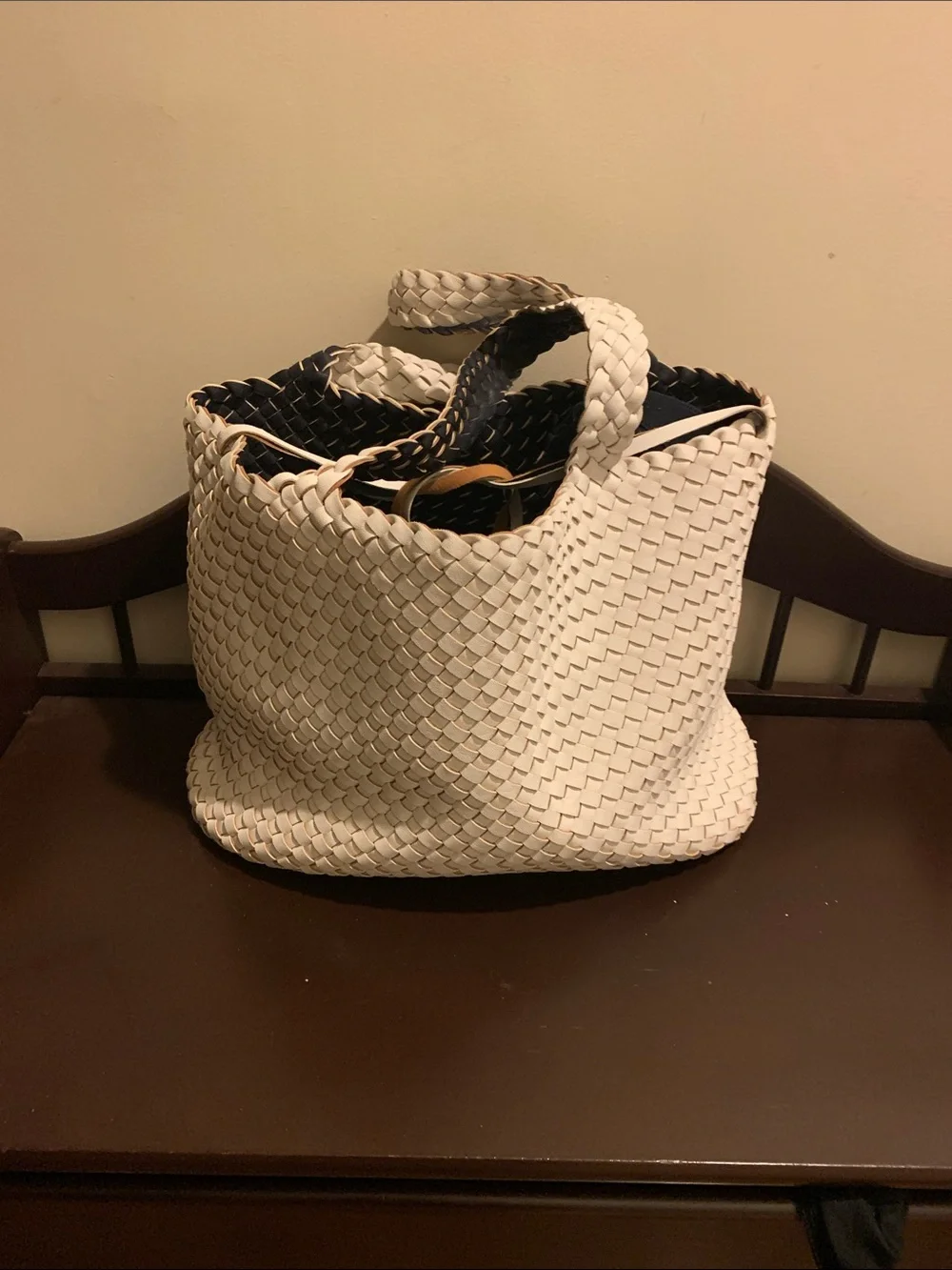 Large Woven White Tote Bag with Top Handles